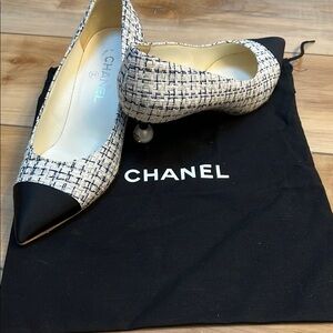 2019 Chanel Tweed Heels with Pearl Accent